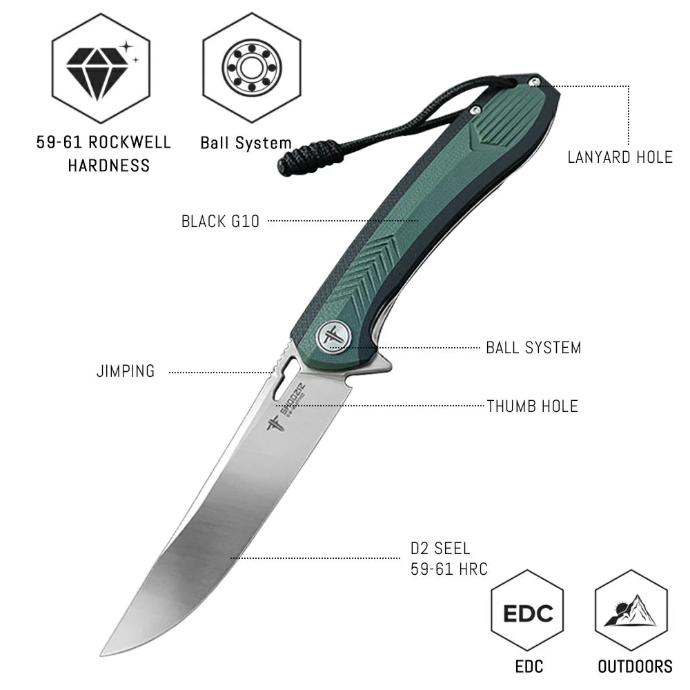 SHOOZIZ™ XUN110-GBGS,Liner Lock,3.55"D2 Steel Satin Blade,Green+ Black G10 Handle