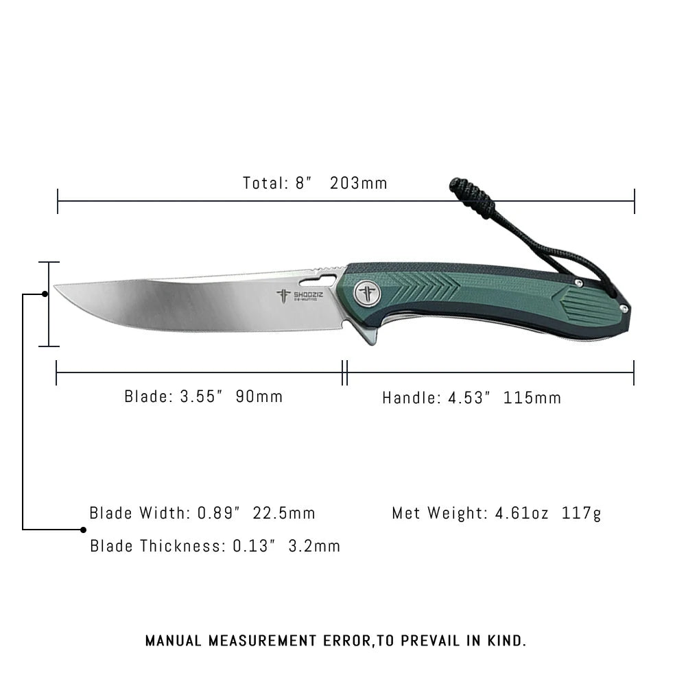 SHOOZIZ™ XUN110-GBGS,Liner Lock,3.55"D2 Steel Satin Blade,Green+ Black G10 Handle