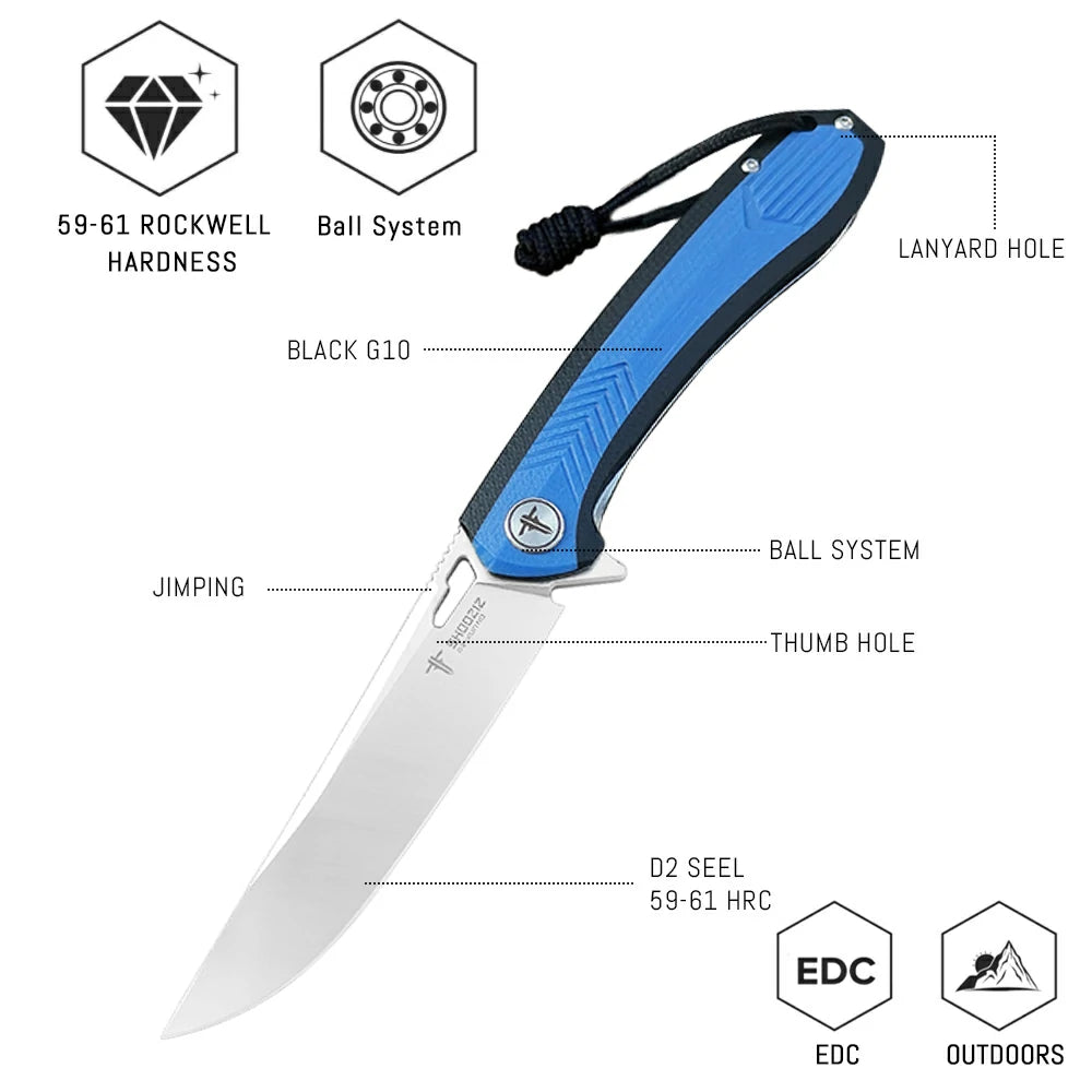 SHOOZIZ™ XUN110-LBGS,Liner Lock,3.55"D2 Steel Satin Blade,Blue + Black G10 Handle
