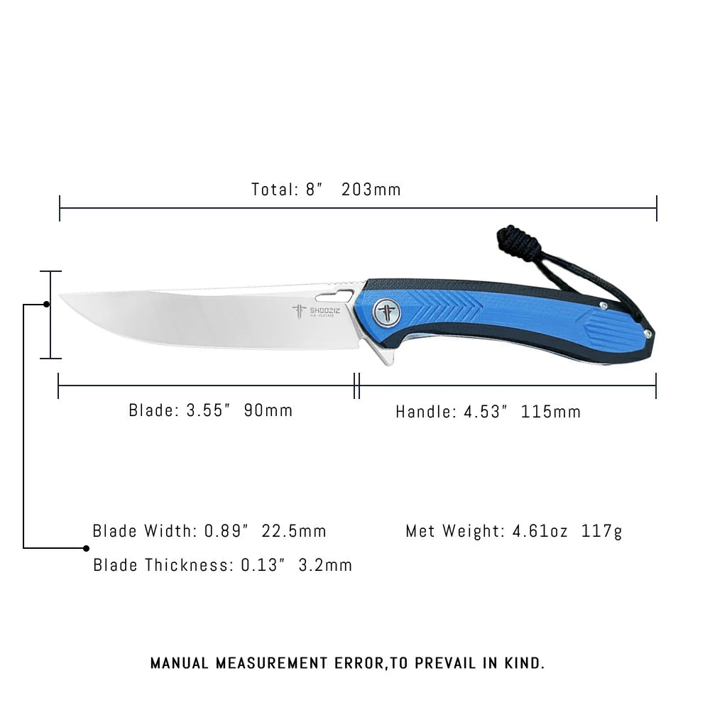 SHOOZIZ™ XUN110-LBGS,Liner Lock,3.55"D2 Steel Satin Blade,Blue + Black G10 Handle