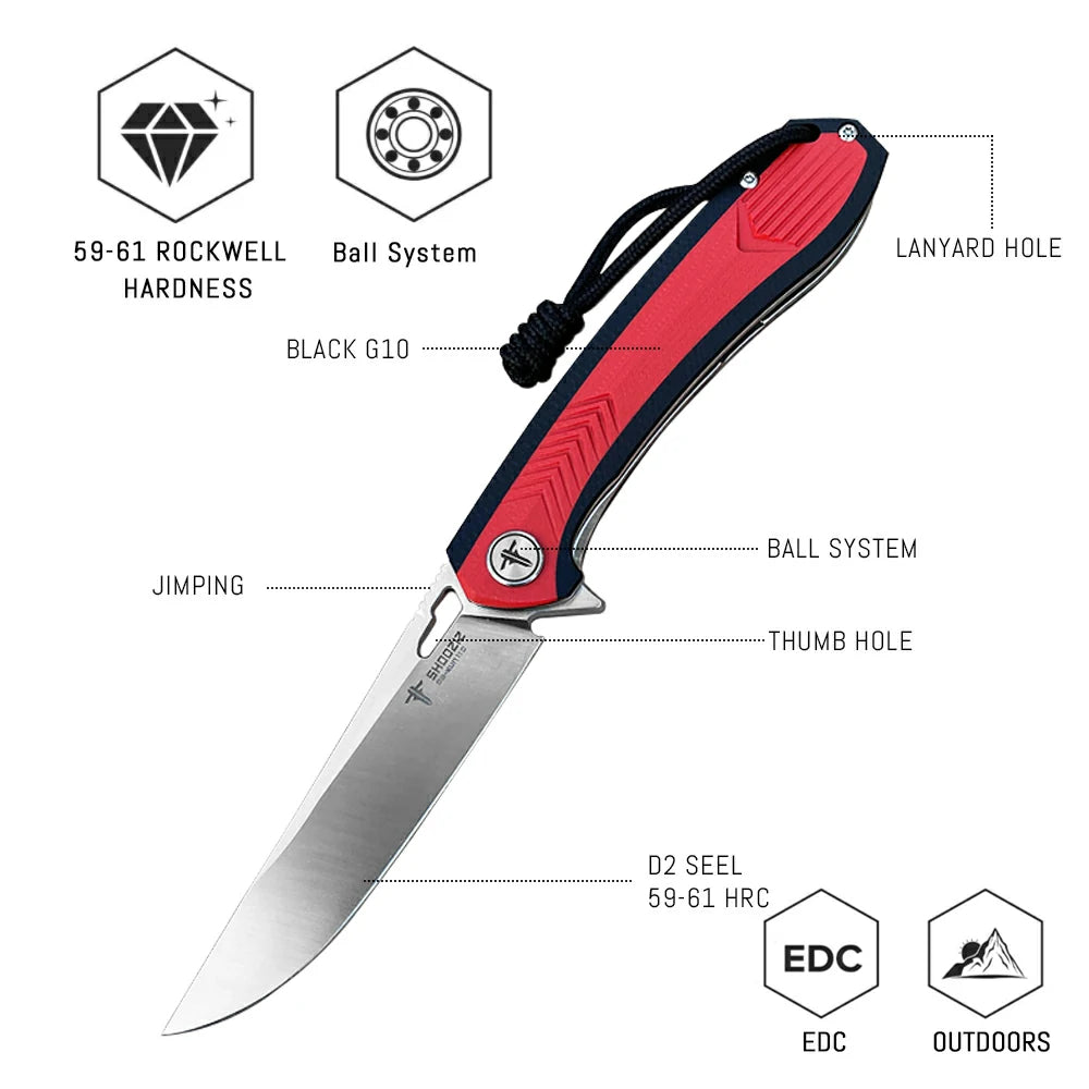 SHOOZIZ™ XUN110-RBGS,Liner Lock,3.55"D2 Steel Satin Blade,Red+Black G10 Handle