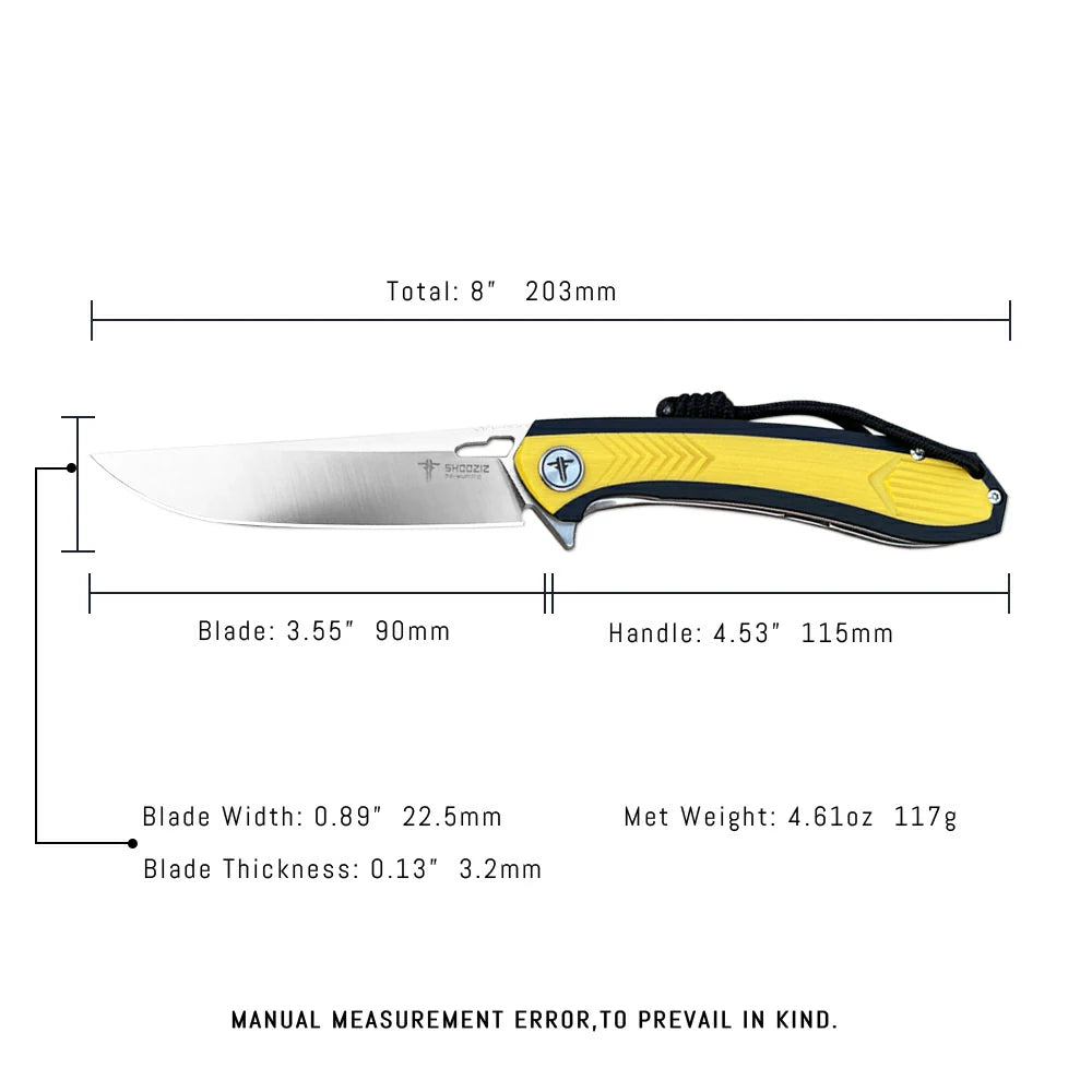 SHOOZIZ™ XUN110-YBGS,Liner Lock,3.55"D2 Steel Satin Blade,Yellow+ Black G10 Handle