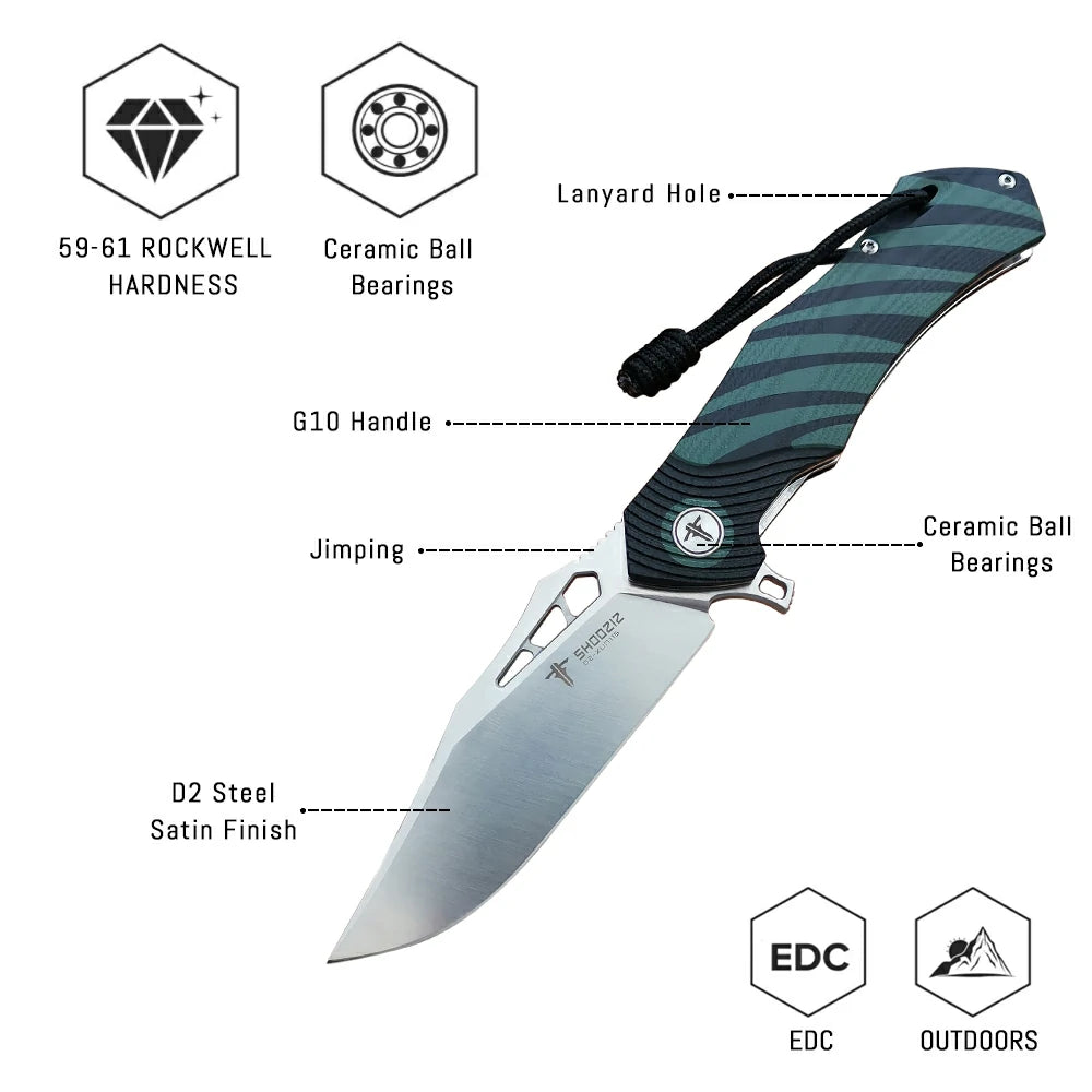 SHOOZIZ™ XUN115-GBGS,Liner Lock,3.55"D2 Steel Satin Blade,Green+ Black G10 Handle