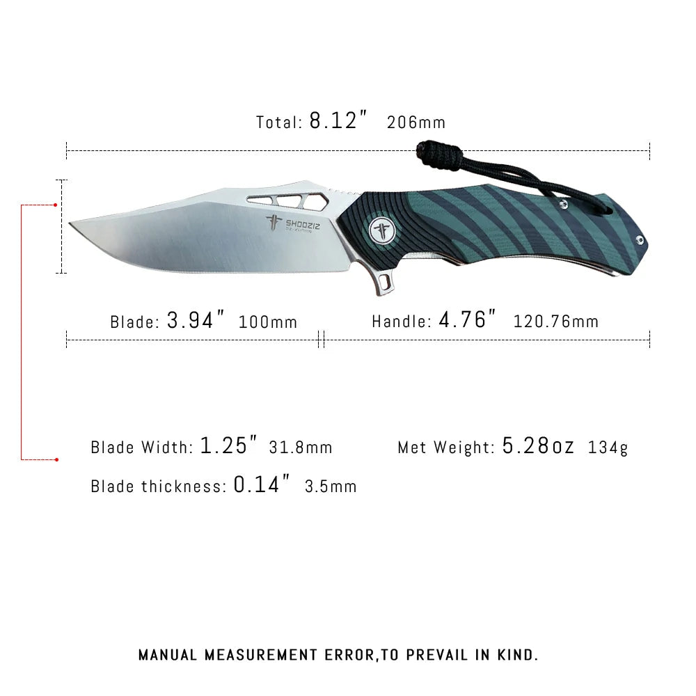 SHOOZIZ™ XUN115-GBGS,Liner Lock,3.55"D2 Steel Satin Blade,Green+ Black G10 Handle