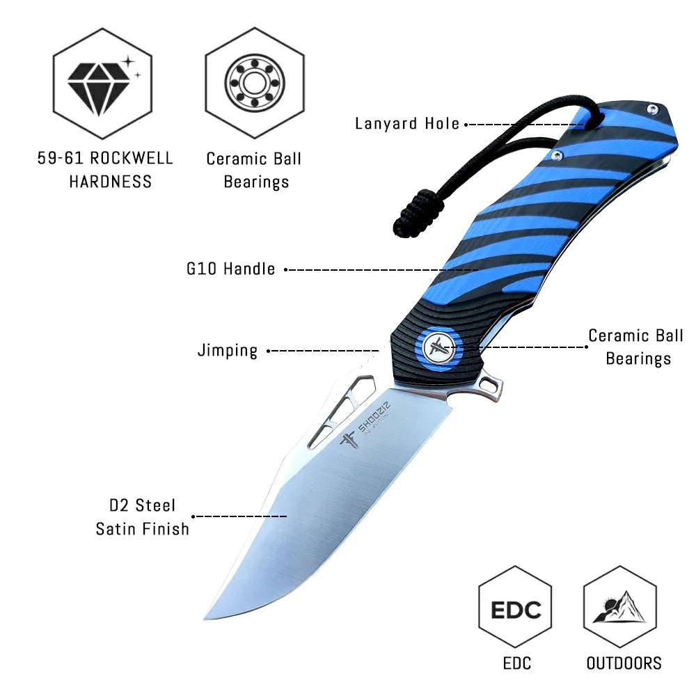 SHOOZIZ™ XUN115-LBGS,Liner Lock,3.55"D2 Steel Satin Blade,Blue + Black G10 Handle