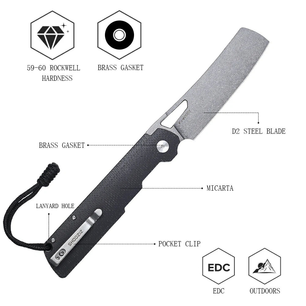 SHOOZIZ™ XUN119A-BMSt,Liner Lock,3.98"D2 Steel Stonewash Blade,Black Micarta Handle