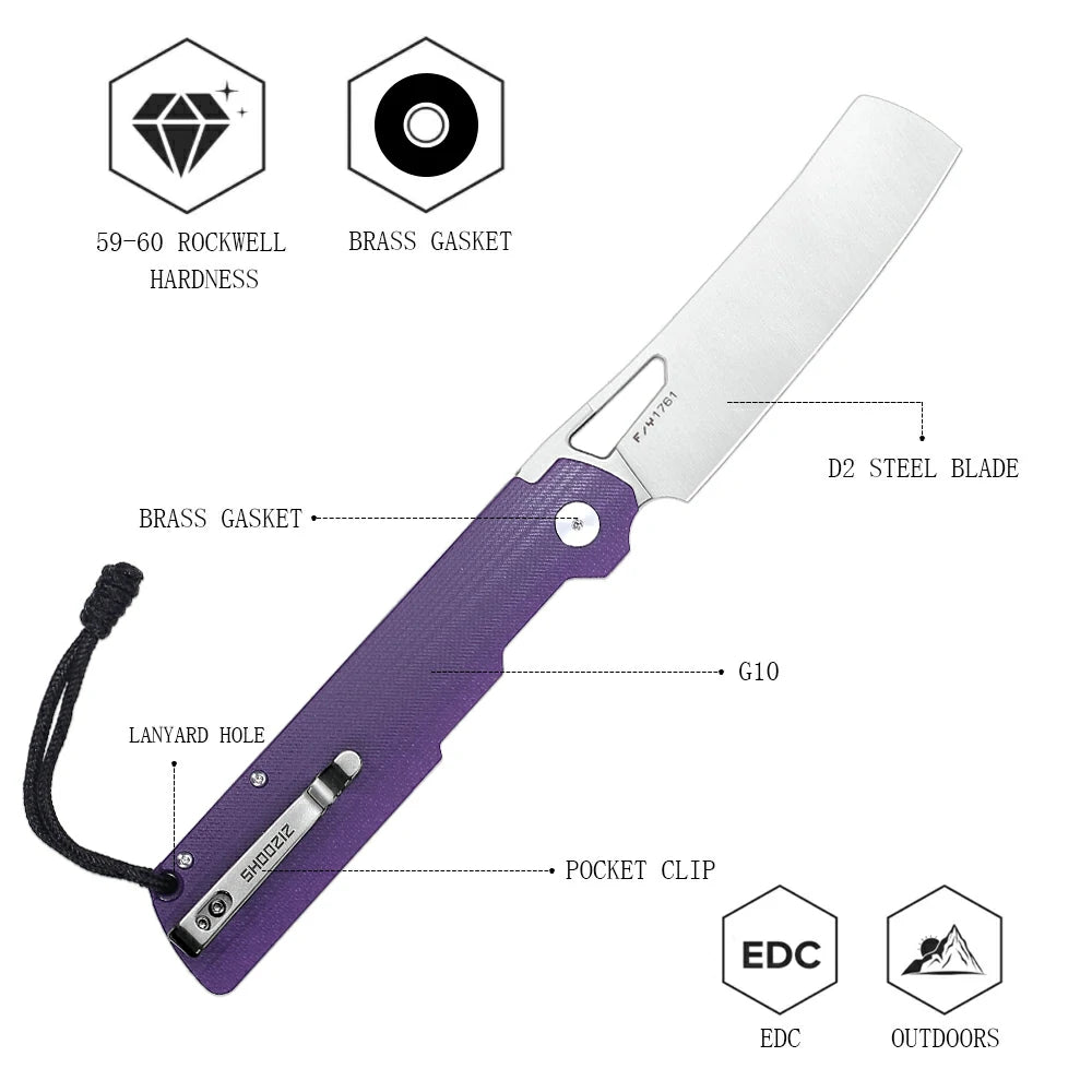 SHOOZIZ™ XUN119A-PGS,Liner Lock,3.98"D2 Steel Satin Blade,purple G10 Handle