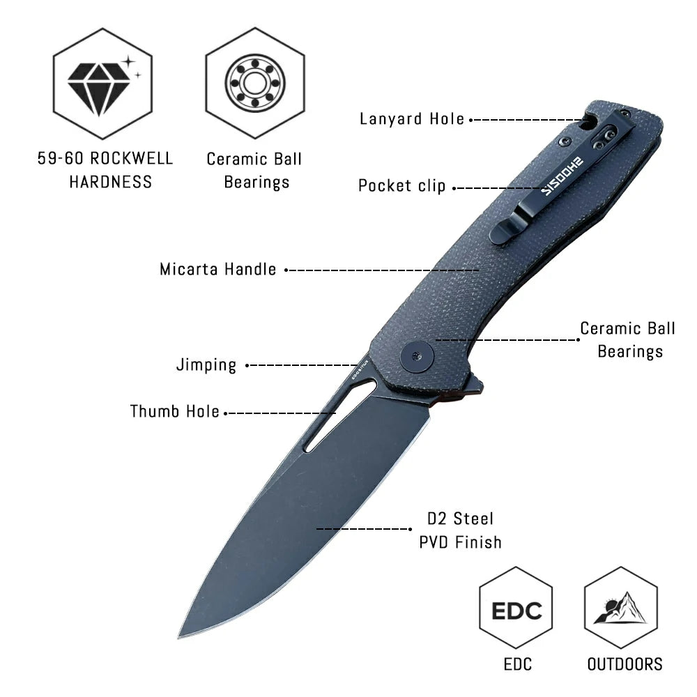 SHOOZIZ™ XUN120-BMB,Liner Lock,3.55"D2 Steel Black PVD Blade,Black Micarta Handle