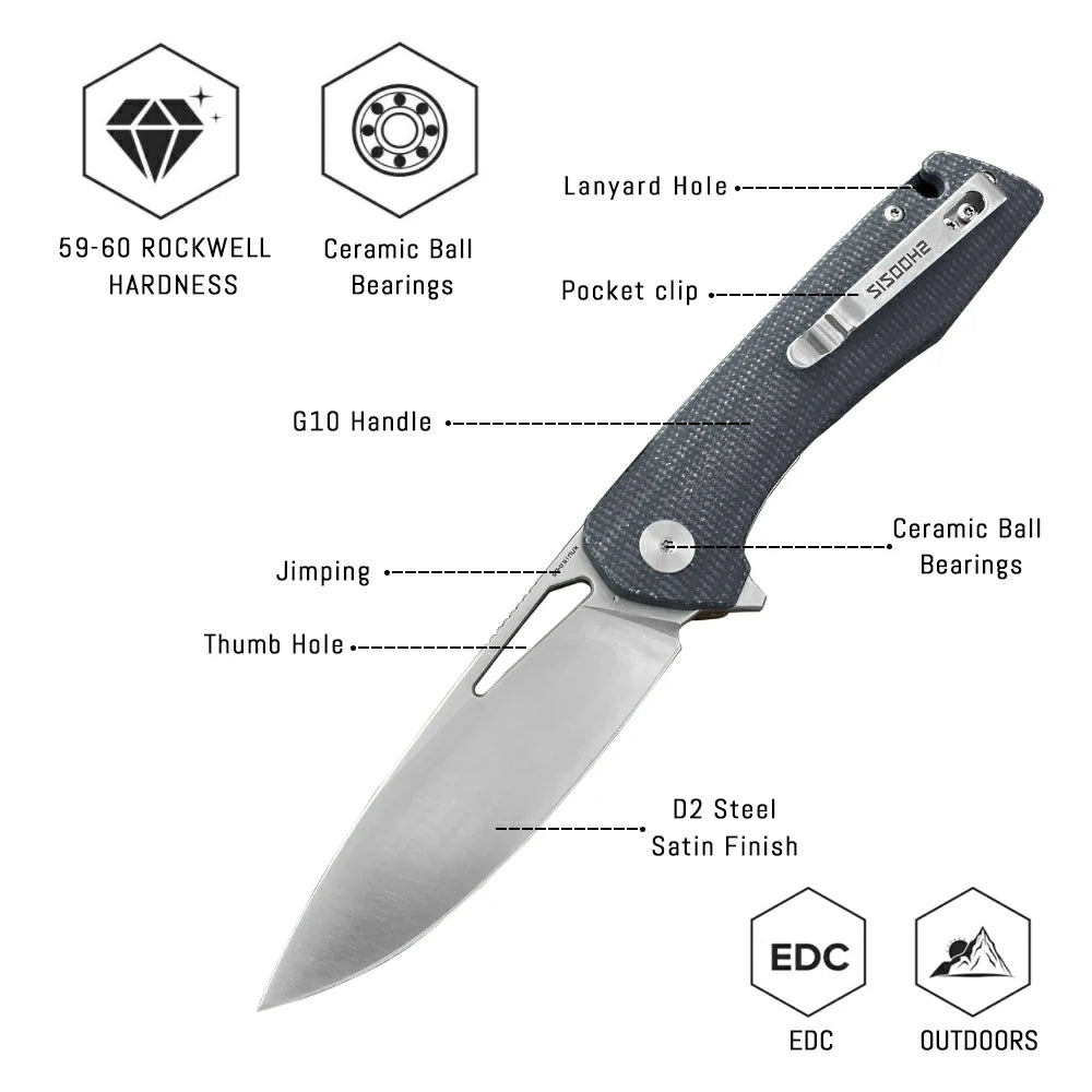 SHOOZIZ™ XUN120-BMS,Liner Lock,3.55"D2 Steel Satin Blade,Black Micarta Handle