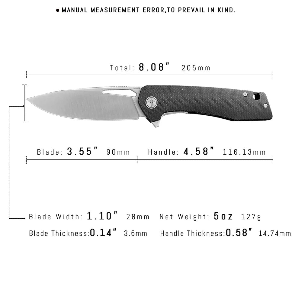 SHOOZIZ™ XUN120-BMS,Liner Lock,3.55"D2 Steel Satin Blade,Black Micarta Handle