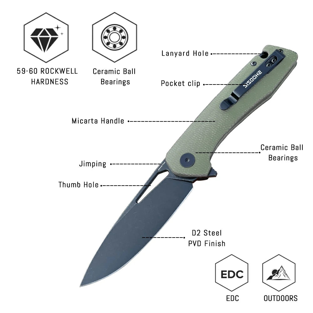 SHOOZIZ™ XUN120-GMB,Liner Lock,3.55"D2 Steel Black PVD Blade,Green Micarta Handle