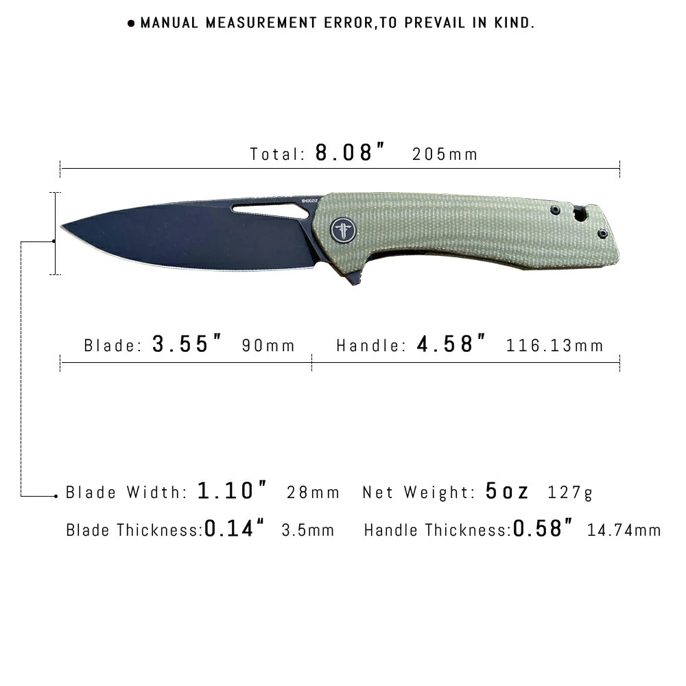 SHOOZIZ™ XUN120-GMB,Liner Lock,3.55"D2 Steel Black PVD Blade,Green Micarta Handle