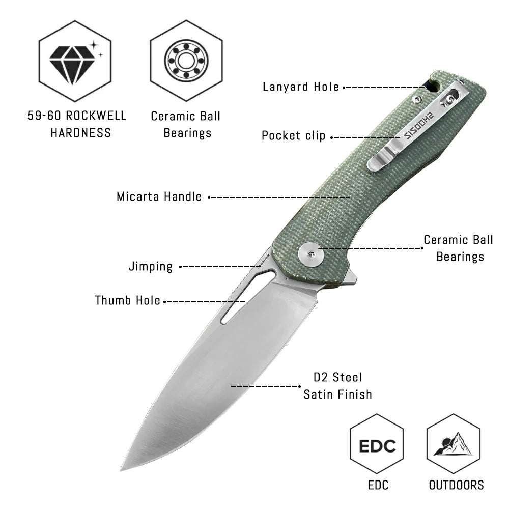 SHOOZIZ™ XUN120-GMS,Liner Lock,3.55"D2 Steel Satin Blade,Green Micarta Handle