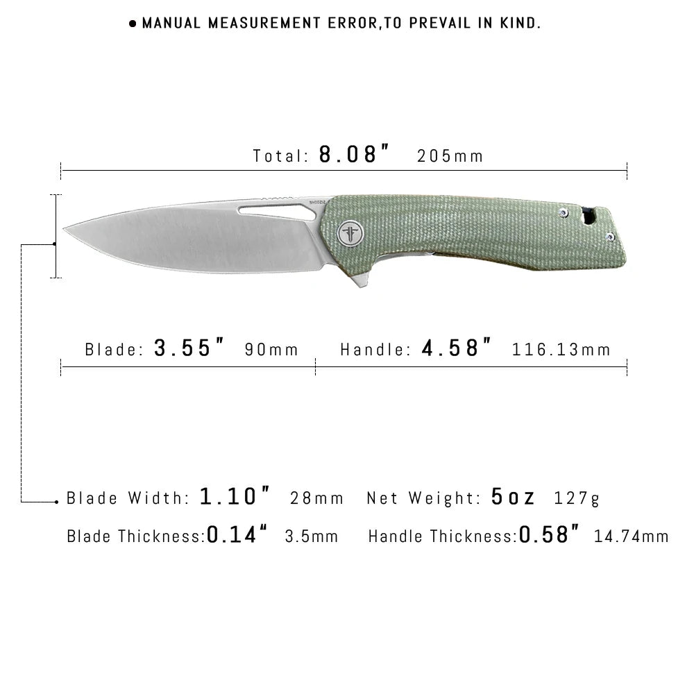 SHOOZIZ™ XUN120-GMS,Liner Lock,3.55"D2 Steel Satin Blade,Green Micarta Handle