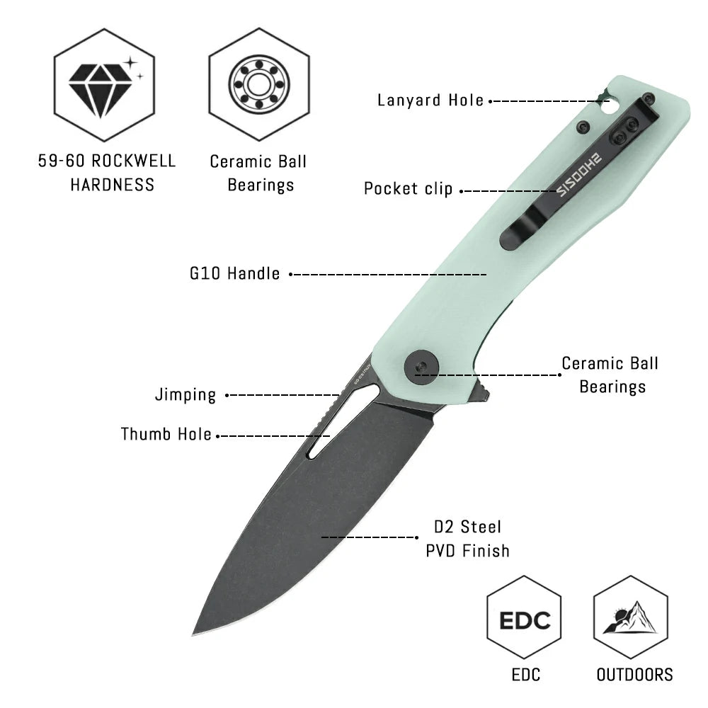 SHOOZIZ™ XUN120-JGB,Liner Lock,3.55"D2 Steel Black PVD Blade,Jade G10 Handle