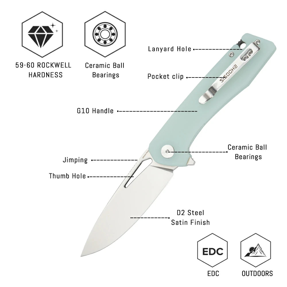 SHOOZIZ™ XUN120-JGS,Liner Lock,3.55"D2 Steel Satin Blade,Jade G10 Handle