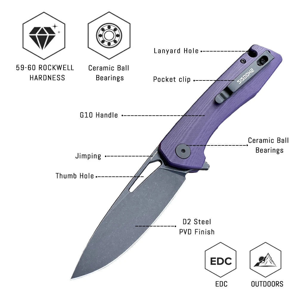 SHOOZIZ™ XUN120-PGB,Liner Lock,3.55"D2 Steel Black PVD Blade,purple G10 Handle