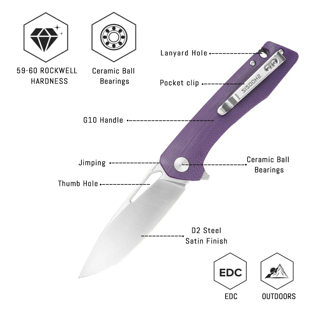 SHOOZIZ™ XUN120-PGS,Liner Lock,3.55"D2 Steel Satin Blade,purple G10 Handle