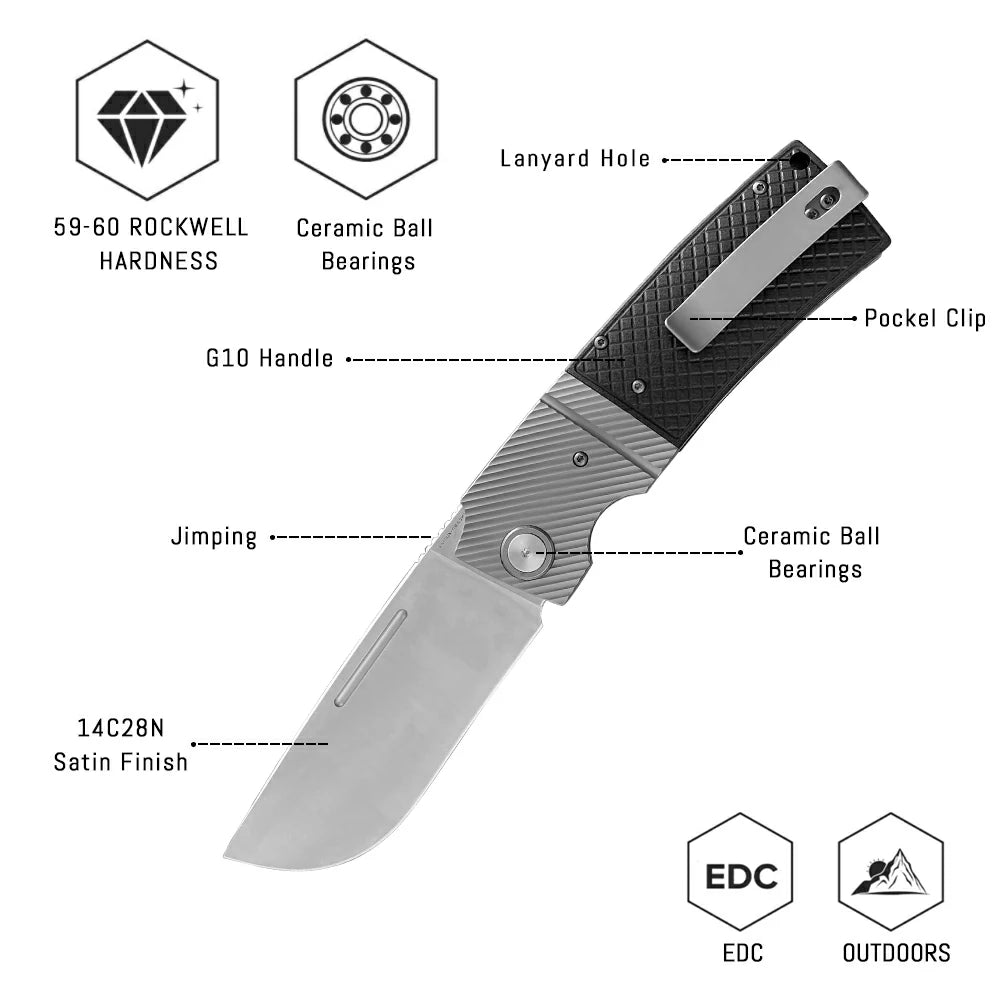 SHOOZIZ™ XUN122-BGS,Liner Lock,3.90"14C28N Steel Satin Blade,Black G10 Handle