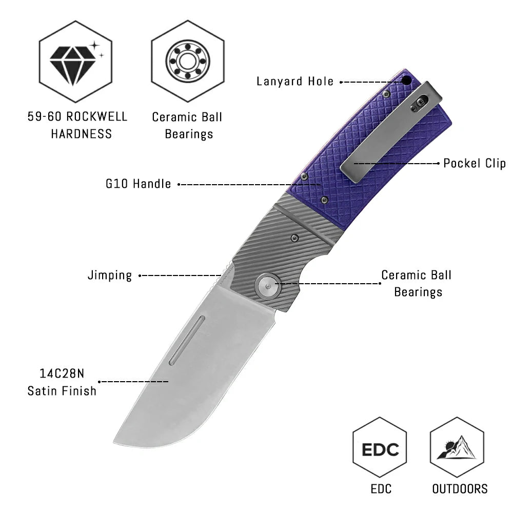 SHOOZIZ™ XUN122-PGS,Liner Lock,3.90"14C28N Steel Satin Blade,purple G10 Handle