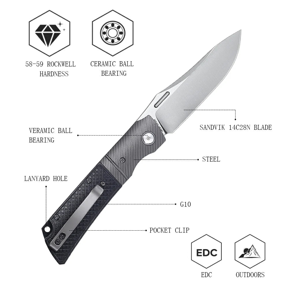 SHOOZIZ™ XUN123-BGS,Liner Lock,3.46"14C28N Steel Satin Blade,Steel Bolster & G10 Handle
