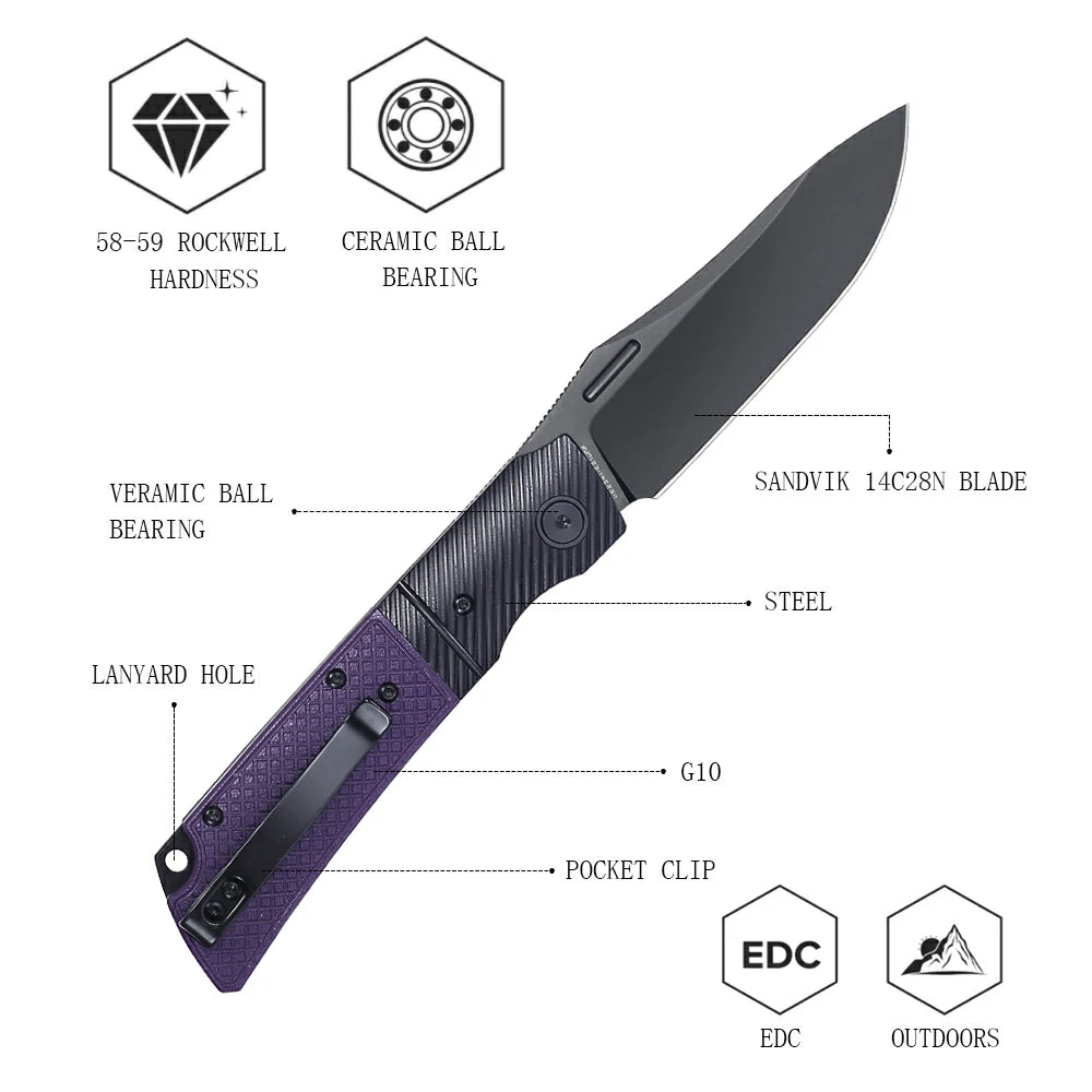 SHOOZIZ™ XUN123-PGB,Liner Lock,3.46"14C28N Steel PVD Blade,Steel Bolster & G10 Handle