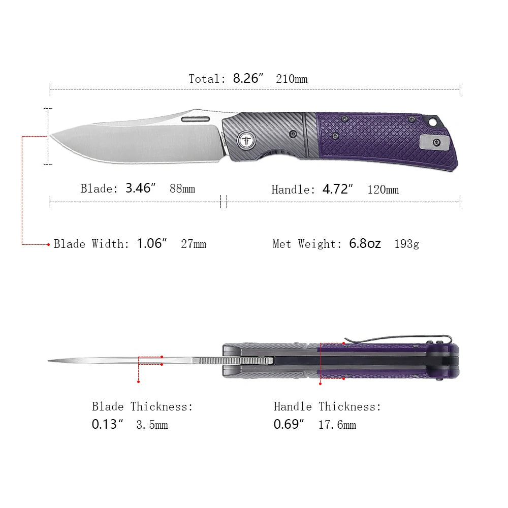 Size:
Overall length-8.26"(210mm)
Blade length-3.46"(88mm)
Closed length-4.72"(120mm)
Blade width-1.06"(27mm)
Blade thickness-0.13"(3.5mm)
Net Weight:6.8oz(193g)