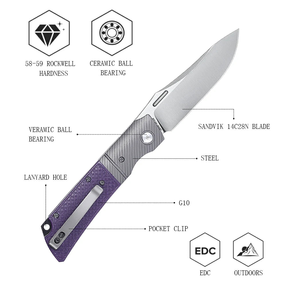 Description
Designer:SHOOZIZ team
Style:Liner lock
Blade Material:Sandvik 14C28N steel
Blade Finished: Satin
Handle Material:Steel bolster & Purple G10
Hardness:59-60HRC
Bearing:Ceramic ball bearing