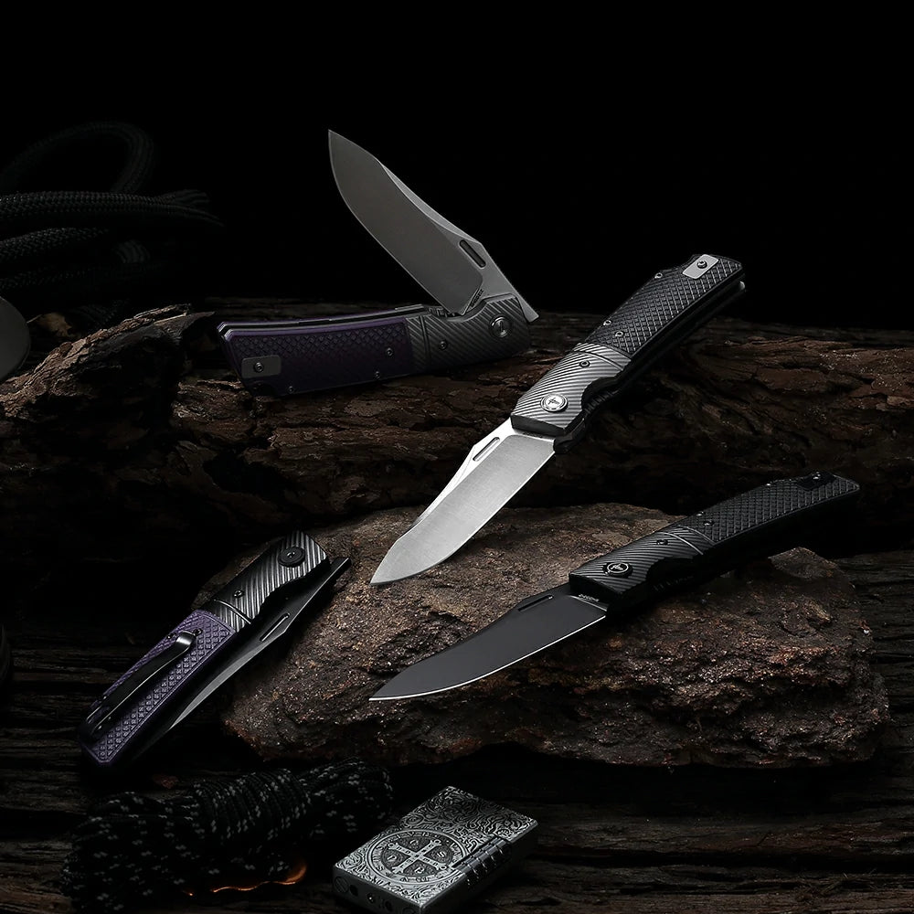SHOOZIZ™ XUN123-PGB,Liner Lock,3.46"14C28N Steel PVD Blade,Steel Bolster & G10 Handle