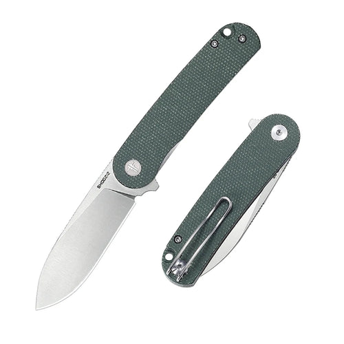 SHOOZIZ HAN309-GMS D2 folding knife, Green Micarta handle, satin blade, liner lock, front view