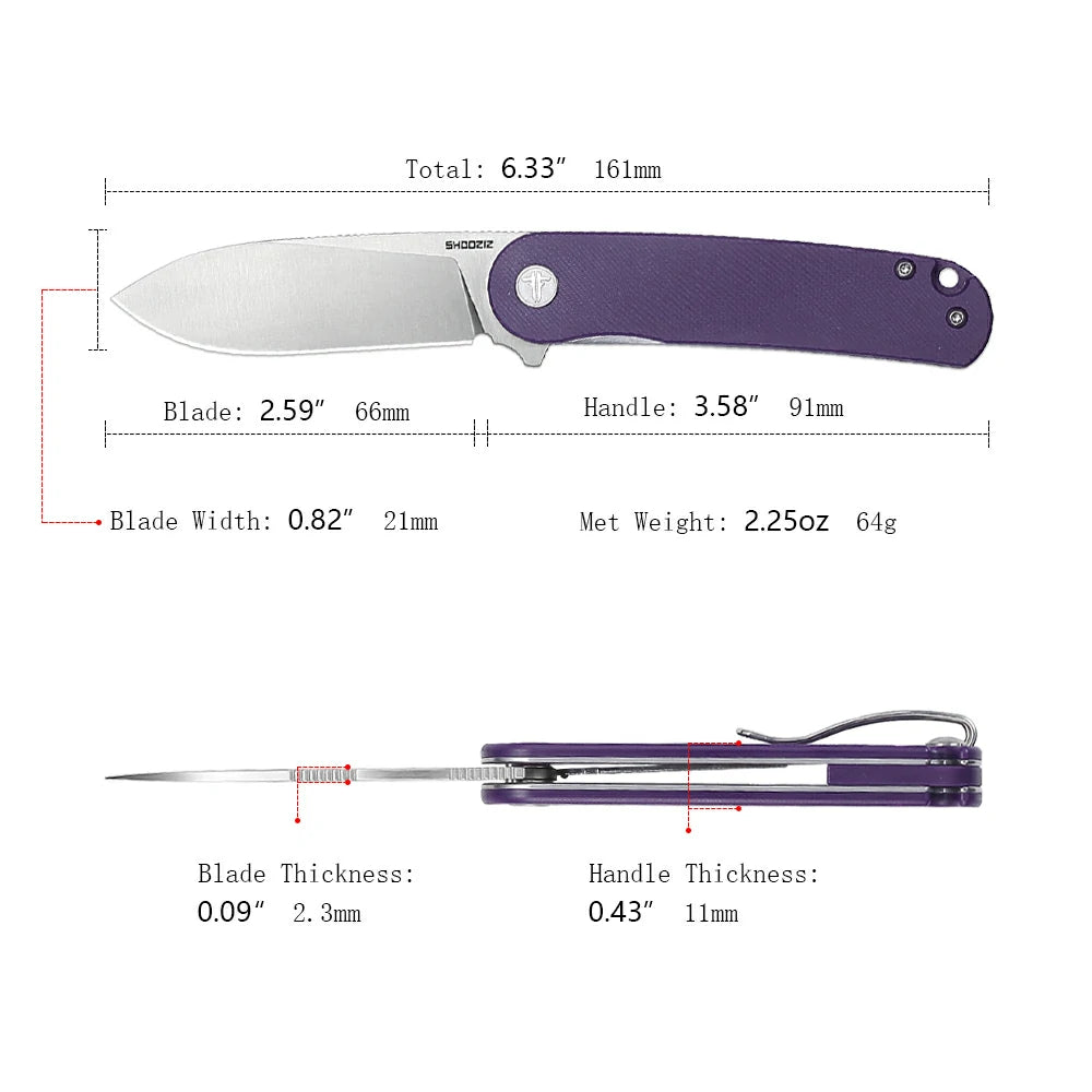 SHOOZIZ™ HAN309-PGS,Liner Lock,2.59"D2 Steel Satin Blade,purple G10 Handle