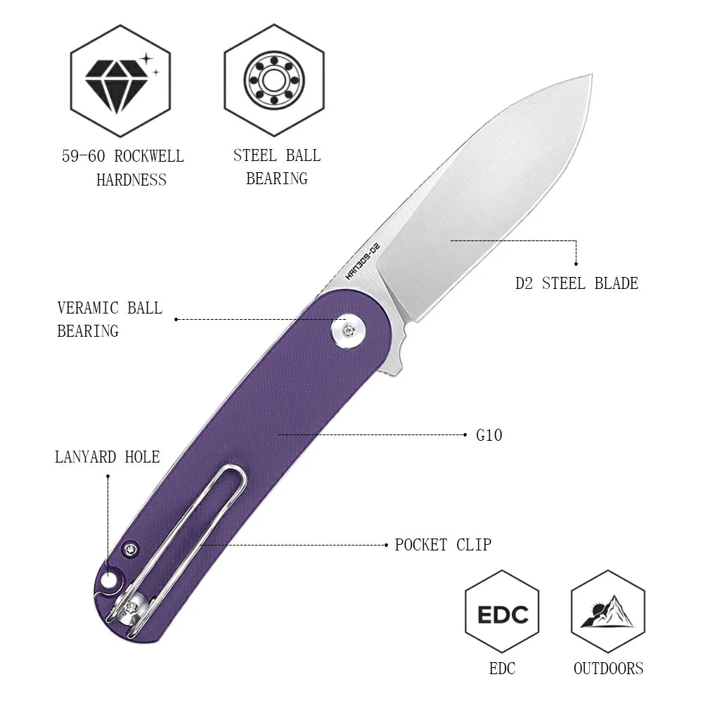 SHOOZIZ™ HAN309-PGS,Liner Lock,2.59"D2 Steel Satin Blade,purple G10 Handle