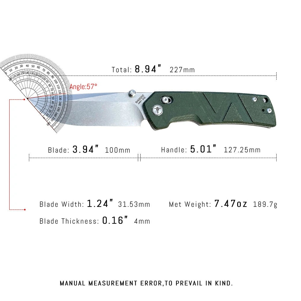 SHOOZIZ™ HAN310-GMST,Axis Lock,3.94"14C28N Steel Stonewash Blade,Green Micarta Handle