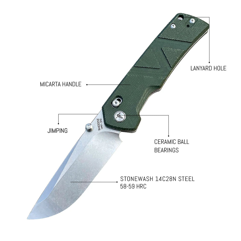SHOOZIZ™ HAN310-GMST,Axis Lock,3.94"14C28N Steel Stonewash Blade,Green Micarta Handle