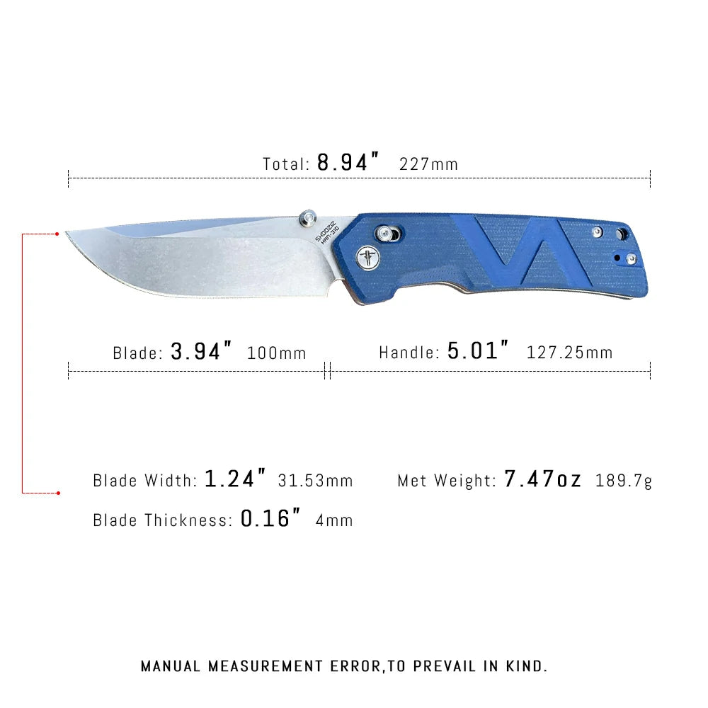 SHOOZIZ™ HAN310-LMST,Axis Lock,3.94"14C28N Steel Stonewash Blade,Blue Micarta Handle