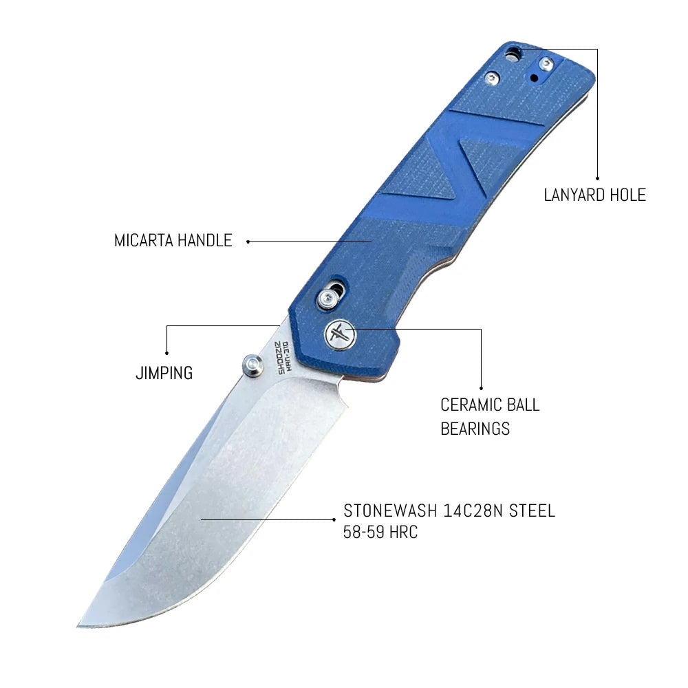 SHOOZIZ™ HAN310-LMST,Axis Lock,3.94"14C28N Steel Stonewash Blade,Blue Micarta Handle