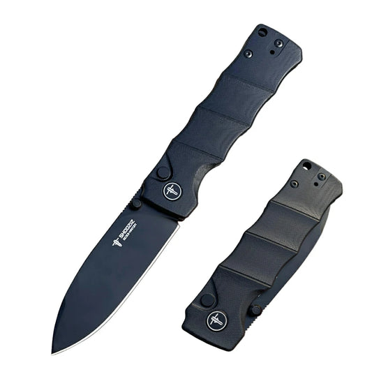 SHOOZIZ™ HAN311-BGB,Button Lock,3.51"DC53 Steel Black PVD Blade,Black G10 Handle