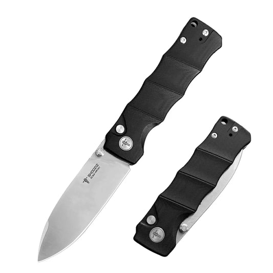 SHOOZIZ™ HAN311-BGS,Button Lock,3.51"DC53 Steel Satin Blade,Black G10 Handle