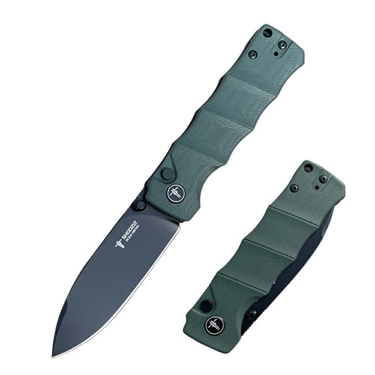 SHOOZIZ™ HAN311-GGB,Button Lock,3.51"DC53 Steel Black PVD Blade,Green G10 Handle