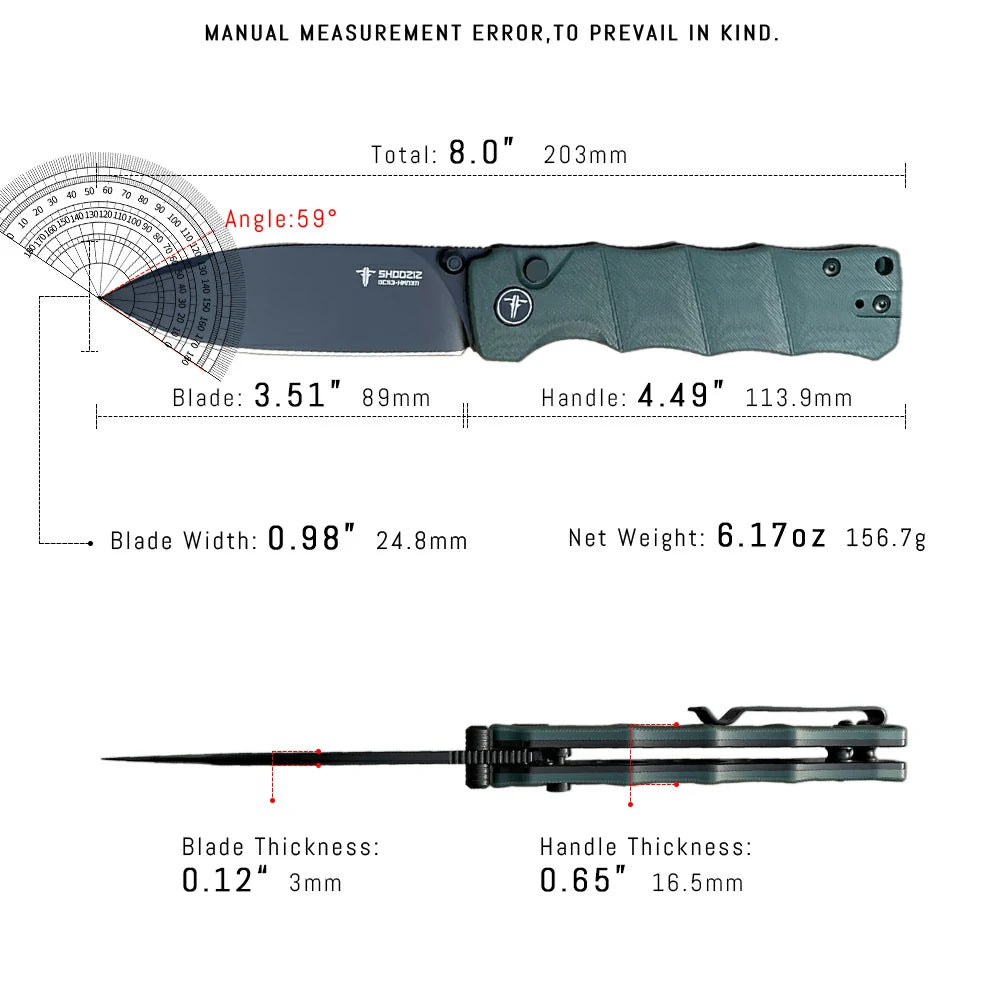 SHOOZIZ™ HAN311-GGB,Button Lock,3.51"DC53 Steel Black PVD Blade,Green G10 Handle