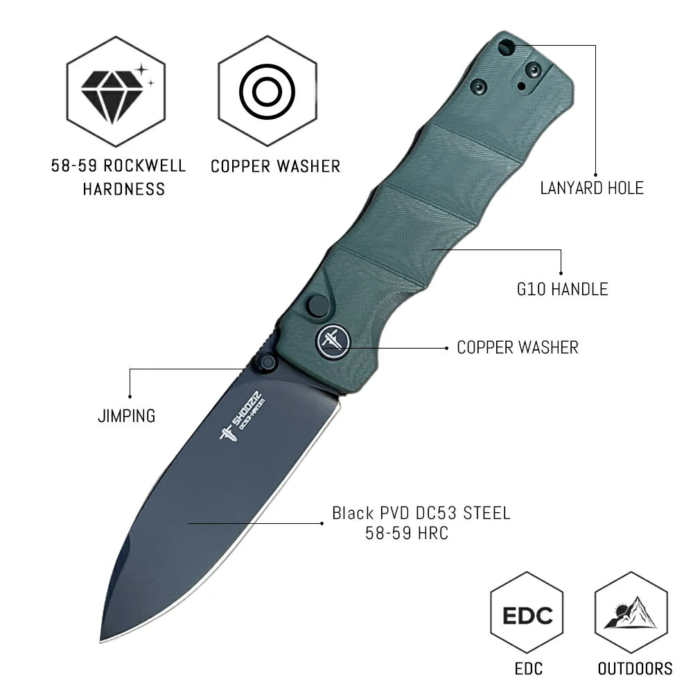 SHOOZIZ™ HAN311-GGB,Button Lock,3.51"DC53 Steel Black PVD Blade,Green G10 Handle