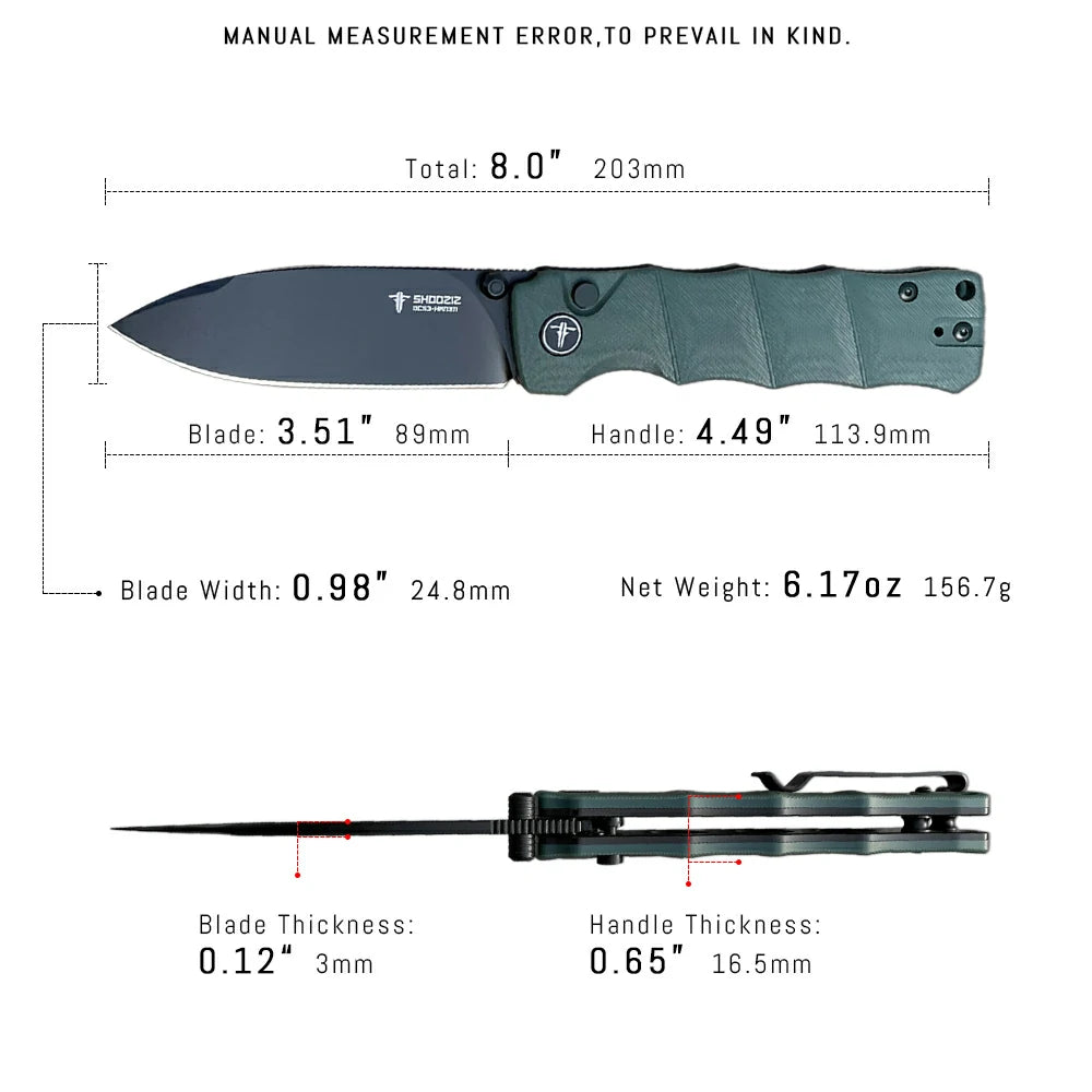 SHOOZIZ™ HAN311-GGB,Button Lock,3.51"DC53 Steel Black PVD Blade,Green G10 Handle