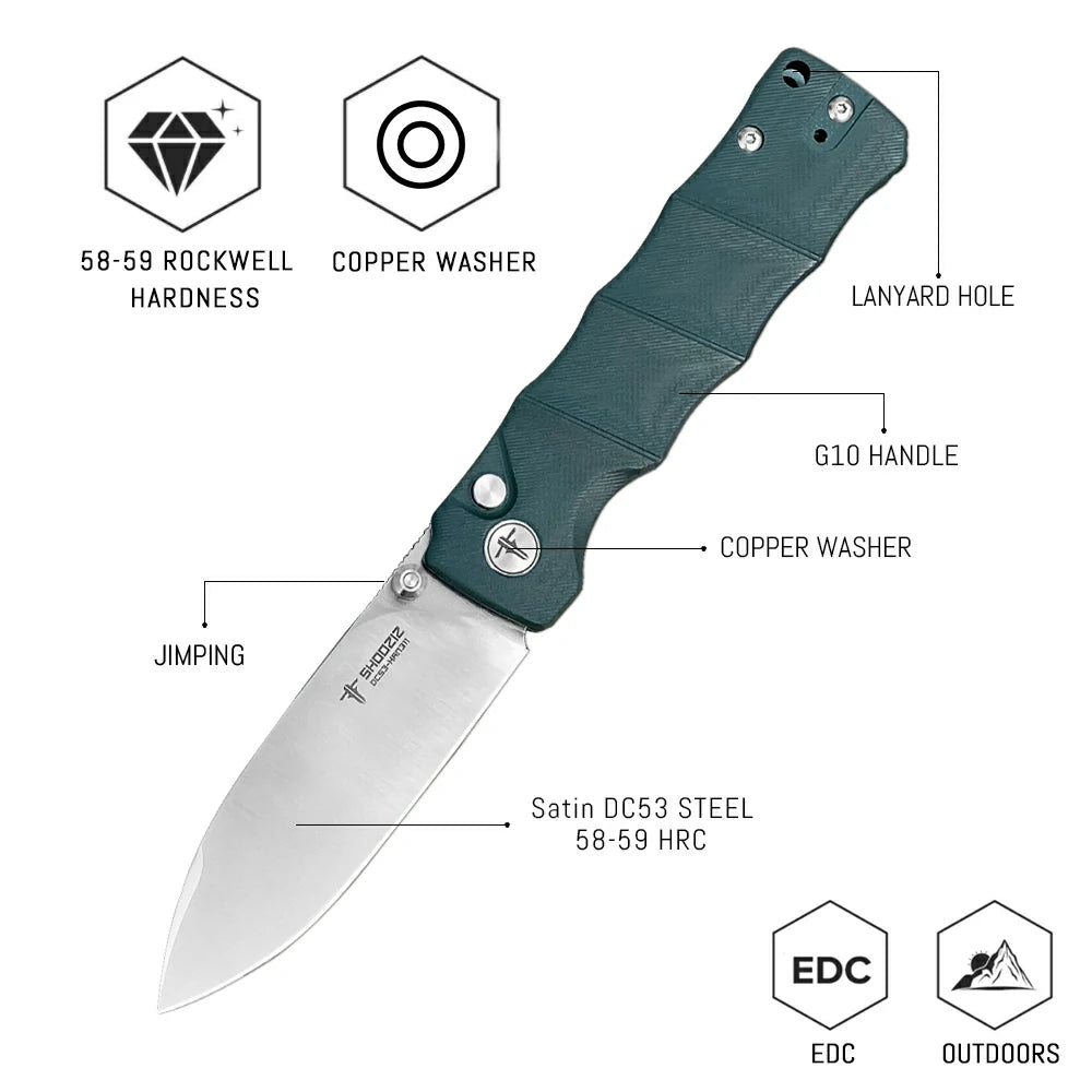 SHOOZIZ™ HAN311-GGS,Button Lock,3.51"DC53 Steel Satin Blade,Green G10 Handle