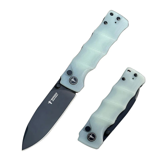 SHOOZIZ™ HAN311-JGB,Button Lock,3.51"DC53 Steel Black PVD Blade,Jade G10 Handle