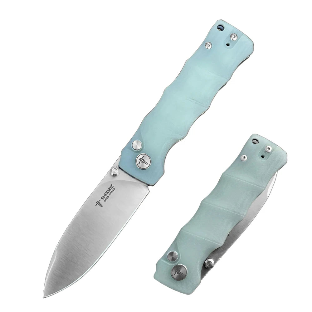 SHOOZIZ™ HAN311-JGS,Button Lock,3.51"DC53 Steel Satin Blade,Jade G10 Handle
