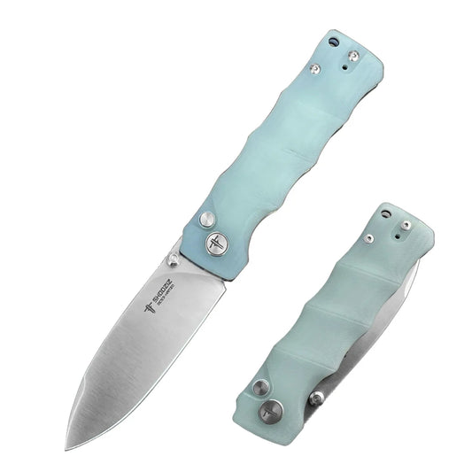 SHOOZIZ™ HAN311-JGS,Button Lock,3.51"DC53 Steel Satin Blade,Jade G10 Handle