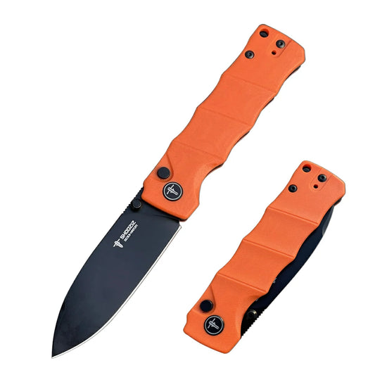 SHOOZIZ™ HAN311-OGB,Button Lock,3.51"DC53 Steel Black PVD Blade,Orange G10 Handle