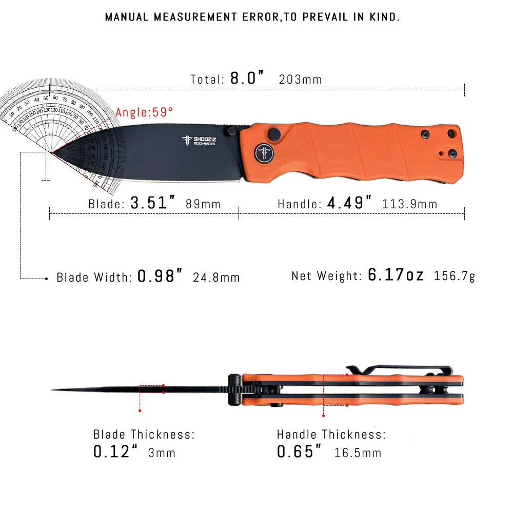 SHOOZIZ™ HAN311-OGB,Button Lock,3.51"DC53 Steel Black PVD Blade,Orange G10 Handle