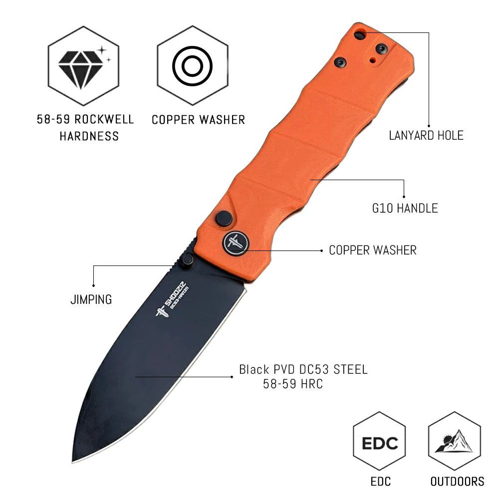 SHOOZIZ™ HAN311-OGB,Button Lock,3.51"DC53 Steel Black PVD Blade,Orange G10 Handle