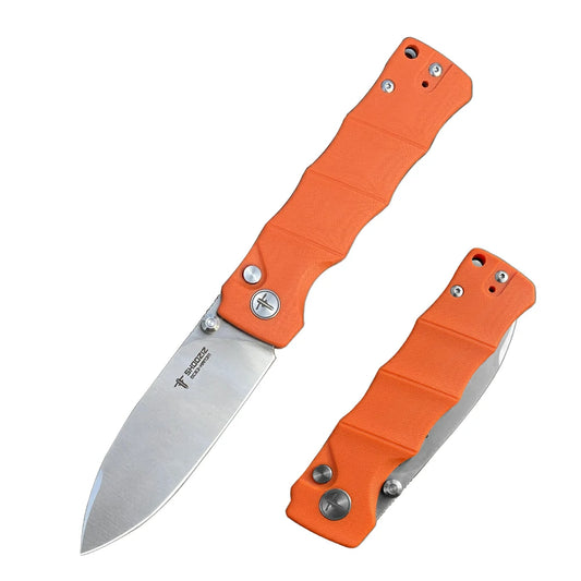 SHOOZIZ™ HAN311-OGS,Button Lock,3.51"DC53 Steel Satin Blade,Orange G10 Handle